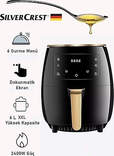 Silver Crest Airfryer Yağsız Fritöz Xxl 8 Litre Dijital Ekran Dokunmatik Siyah Airfryer Yağsız Hava Fritözü
